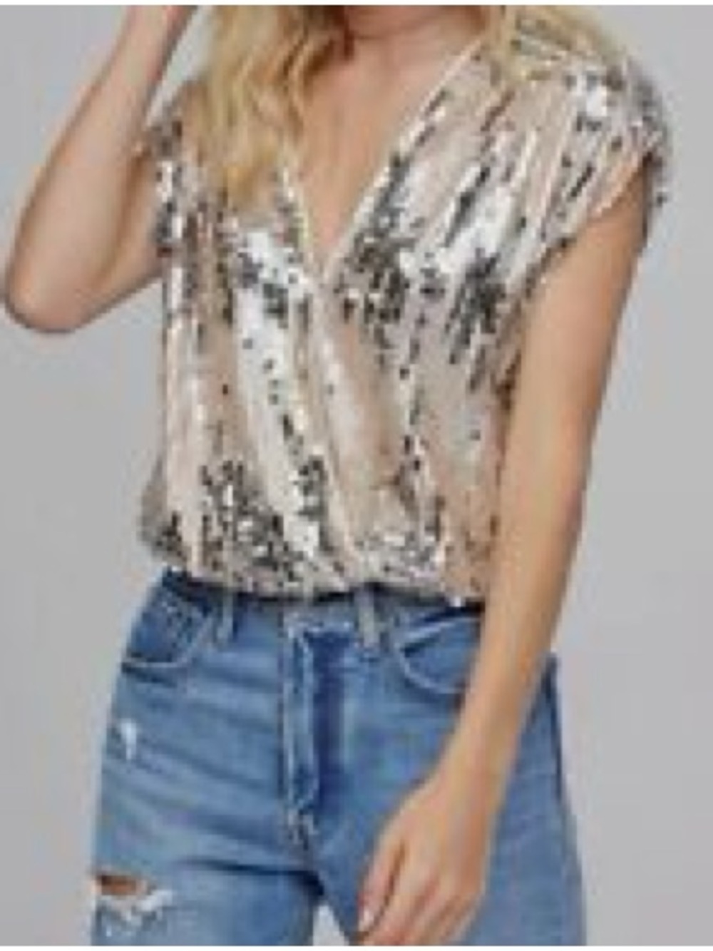Astr Champagne Sequin V-Neck Bodysuit